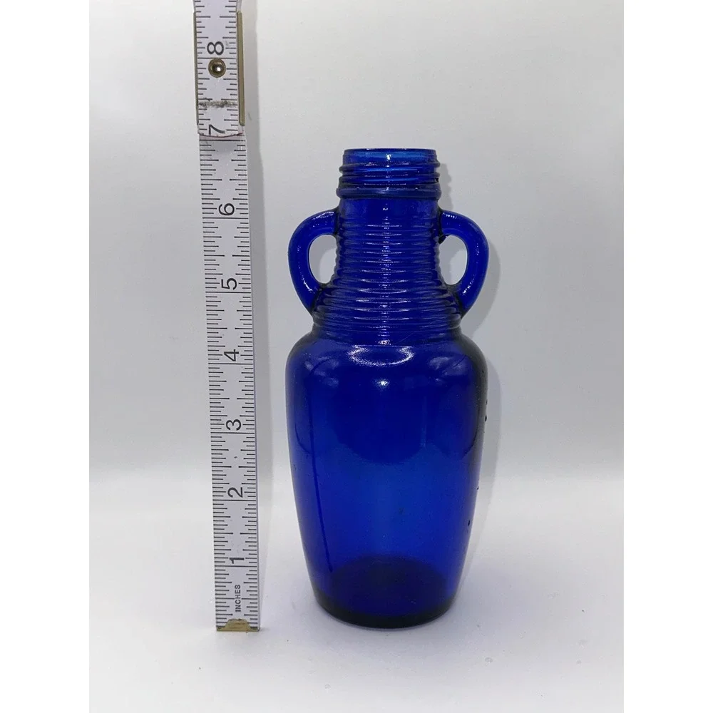 Vintage Cobalt Blue Glass Bottle Double Handle Ribbed Neck Amphora Vase 6.5 inch